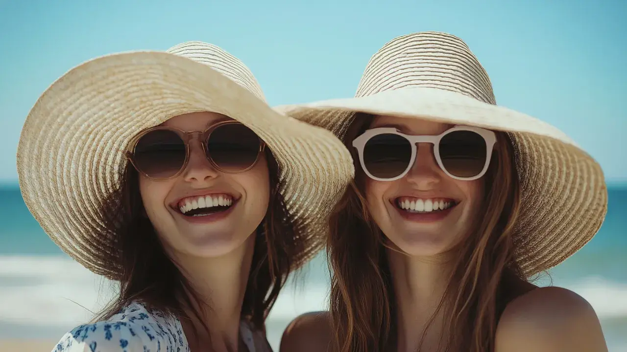 Laughing While Holding Beach Hats